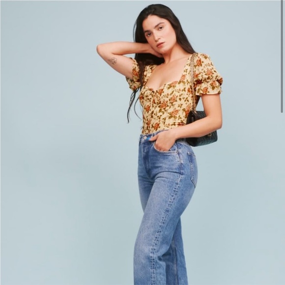 Reformation Delevan Top / Square Neck, Smocked, Floral, Blouse / Size 10 - Picture 2 of 9